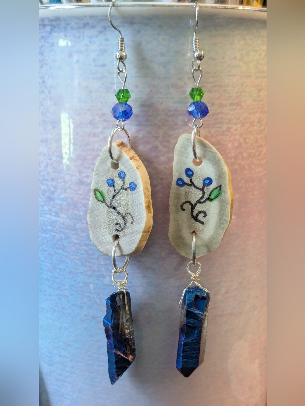 Hand-painted Blueberry & Green Woodland Antler Drop Earrings w/ Sapphire Quartz